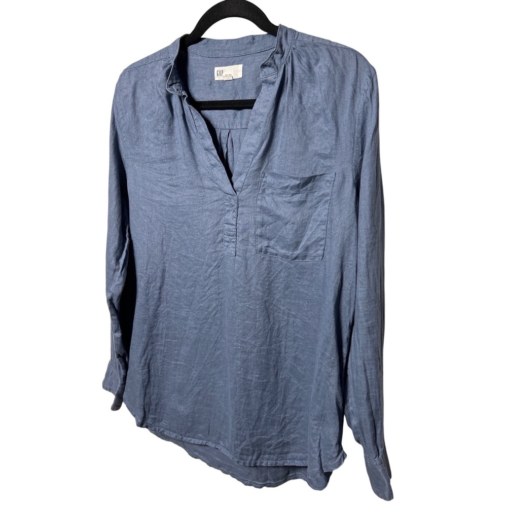 Gap 100% Linen‎ Long Sleeve Popover Split Neck Top Blue Size Small
